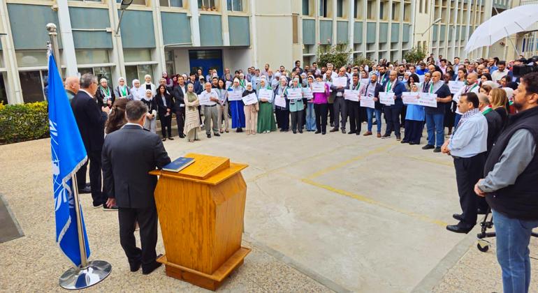 UNRWA staff in Amman, Jordan, attend a ceremony to remember colleagues who have lost their lives in Gaza. 