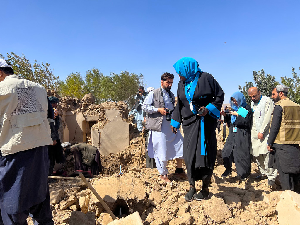 UNICEF staff assess the earthquake damage in Karinal village, Herat province in Afghanistan.