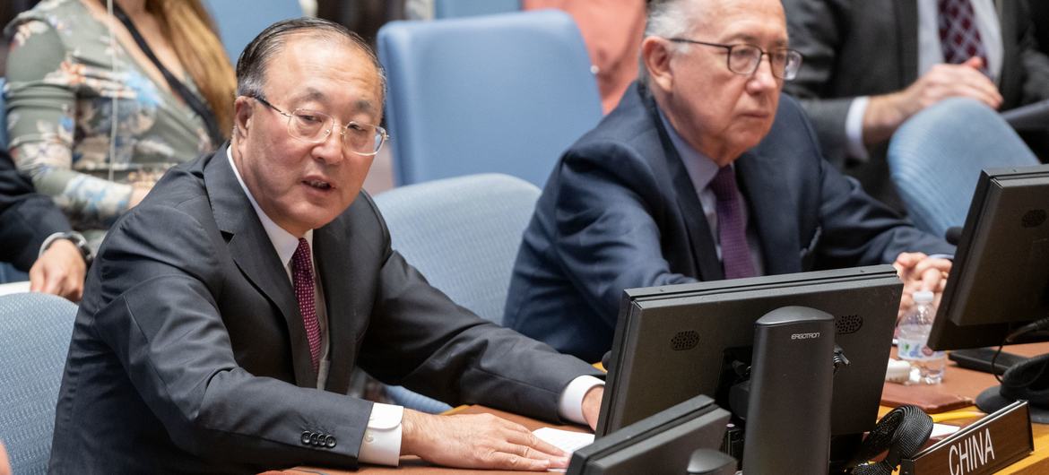 Ambassador Zhang Jun of China addresses the UN Security Council meeting on the situation in the Middle East, including the Palestinian Question.