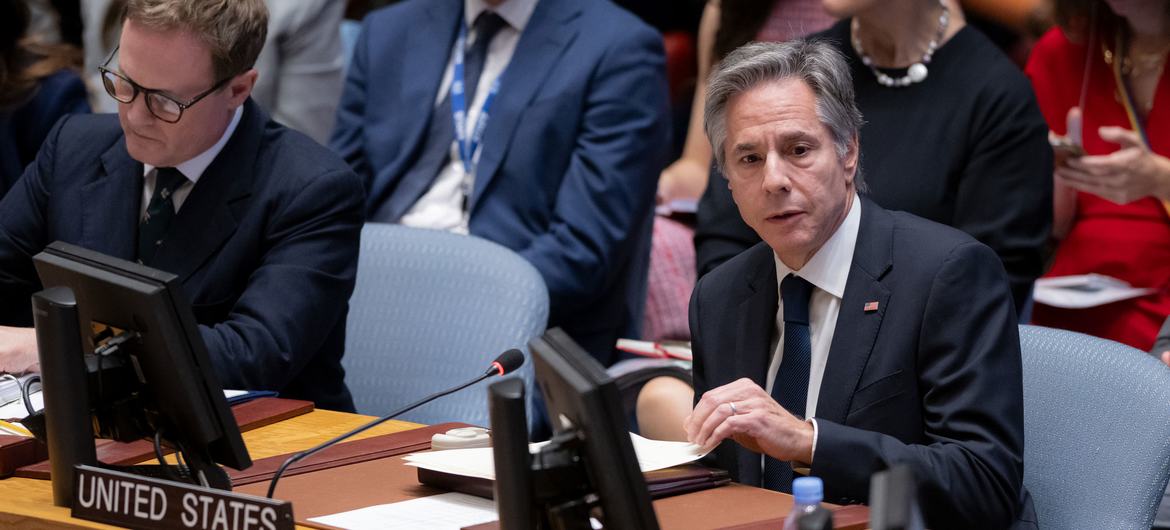 US Secretary of State Antony J. Blinken addresses the Security Council meeting on the situation in the Middle East, including the Palestinian question.
