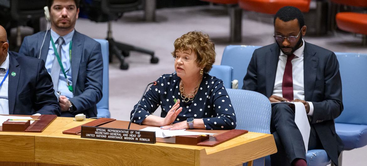 Catriona Laing, Special Representative of the Secretary-General for Somalia and Head of the UN Assistance Mission in Somalia, briefs the Security Council meeting on the situation in the country.