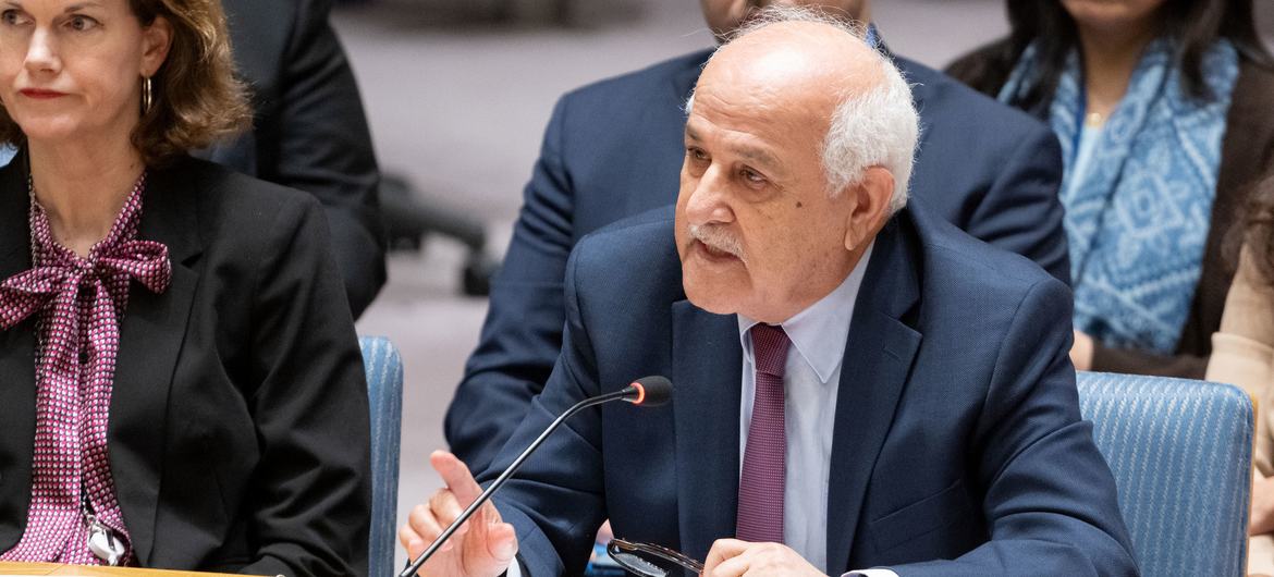 Riyad Mansour, Permanent Observer of the State of Palestine to the United Nations, addresses the UN Security Council meeting on the situation in the Middle East, including the Palestinian question.