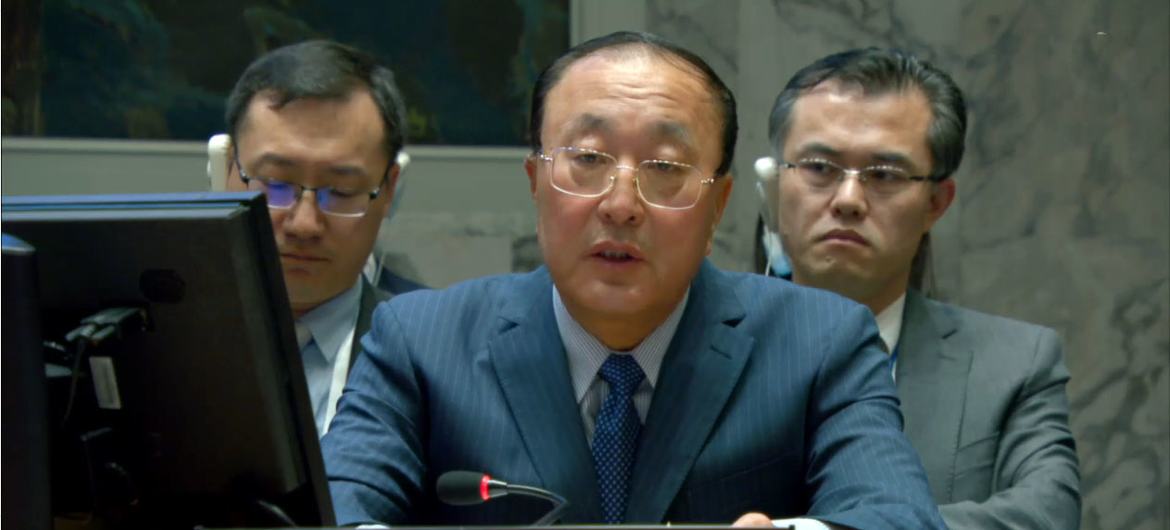 Ambassador ZHANG Jun of China addresses the UN Security Council meeting on the situation in the Middle East, including the Palestinian question.