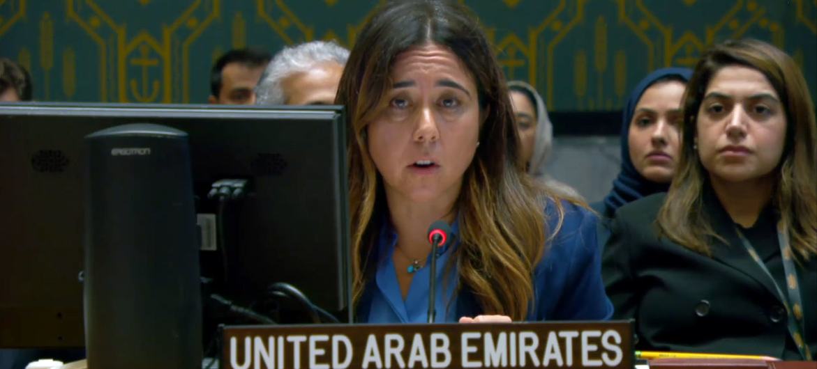 Ambassador Lana Zaki Nusseibeh of the United Arab Emirates addresses the UN Security Council meeting on the situation in the Middle East, including the Palestinian question.