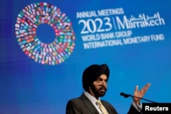 World Bank President Ajay Banga speaks on the second day of the annual meeting of the International Monetary Fund and the World Bank, in Marrakech, Morocco, Oct. 10, 2023.