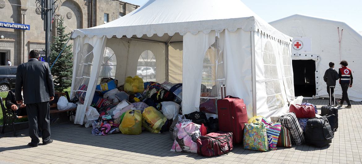Refugees leave their possessions in a tent in Goris, Armenia.