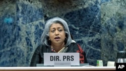 FILE - Dr Gaya Gamhewage, WHO Director, Prevention of and Response to Sexual Misconduct, speaks during the 76th World Health Assembly in Geneva, Switzerland, May 25, 2023.