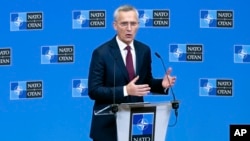 NATO Secretary-General Jens Stoltenberg gives a press conference as part of the NATO foreign ministers meeting on Ukraine at NATO headquarters in Brussels, Nov. 29, 2023.
