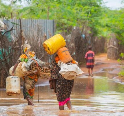 Families who have been forced to leave their homes due to extreme flooding in the Horn of Africa.