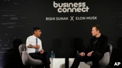 Britain's Prime Minister Rishi Sunak, left, attends an in-conversation event with Tesla and SpaceX's CEO Elon Musk in London, Nov. 2, 2023. Sunak discussed AI with Musk in a conversation that was played on the social network X, which Musk owns.