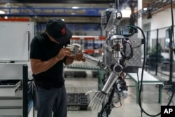 FILE - Joel Carrasco performs maintenance on humanoid robot Figure 01 at Figure AI's test facility in Sunnyvale, Calif., Oct. 3, 2023.