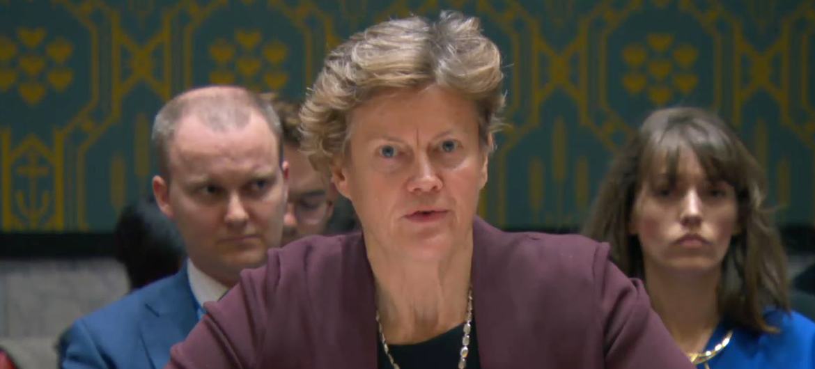 Permanent Representative of the United Kingdom Barbara Woodward speaking in the Security Council. 