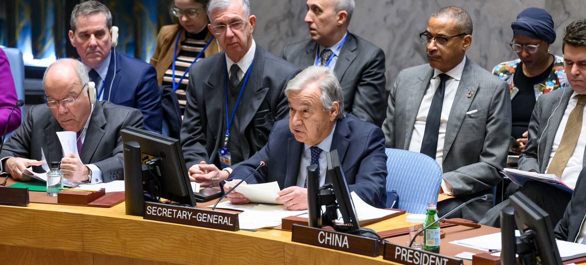UN Secretary-General António Guterres addresses the Security Council Meeting on the Middle East.