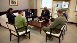 In a photo posted on his Telegram channel, Ukrainian President Volodymyr Zelenskyy meets with U.S. Defense Secretary Lloyd Austin and Chairman of the Joint Chiefs of Staff General Charles Brown, Dec. 11, 2023.