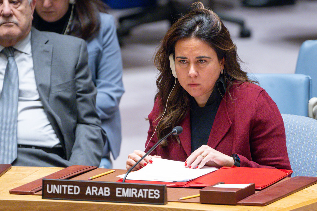 Ambassador Lana Zaki Nusseibeh of the United Arab Emirates addresses the UN Security Council meeting on the situation in the Middle East, including the Palestinian question.