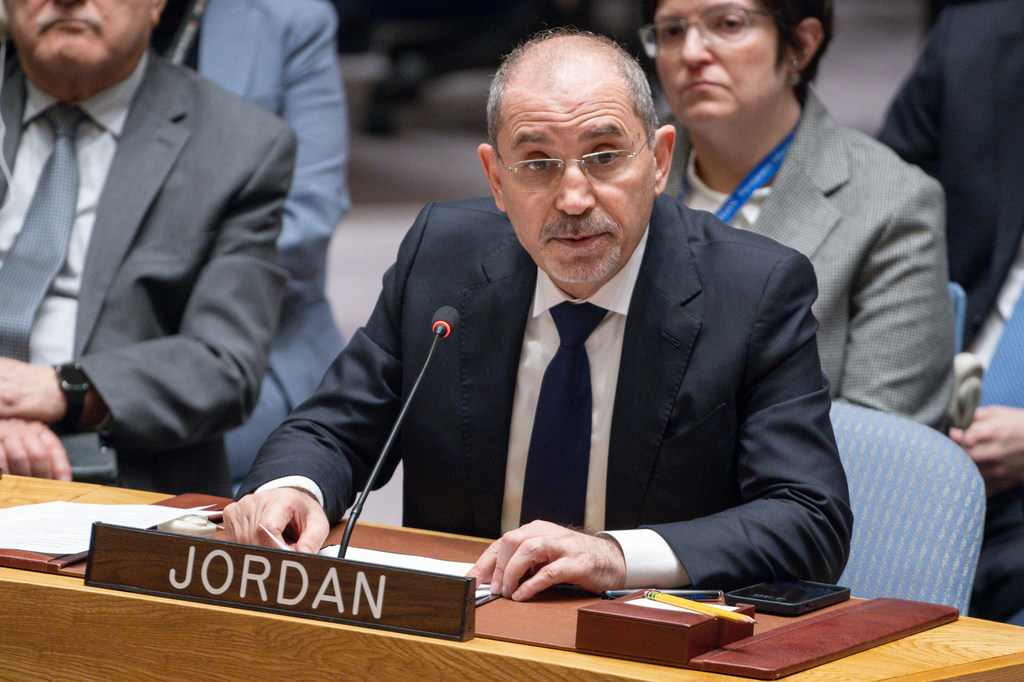 Foreign Minister Ayman Safadi of Jordan addresses the Security Council meeting on the situation in the Middle East, including the Palestinian question.