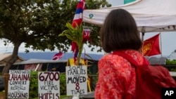 FILE - A tourist stops to read signs at the Lahaina Strong 'Fish-in' on Dec. 1, 2023, in Lahaina, Hawaii.