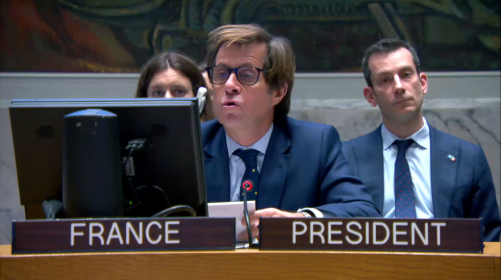 Ambassador Nicolas de Rivière of France addresses the Security Council  meeting on the situation in the Middle East, including the Palestinian question.