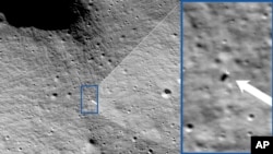 These photos provided by NASA show images from NASA’s Lunar Reconnaissance Orbiter Camera team which confirmed Odysseus completed its landing. (NASA/Goddard/Arizona State University via AP)