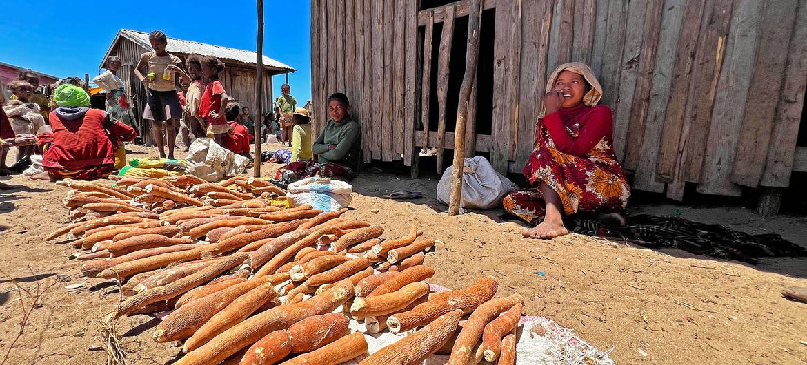 A woman sells produce in the village of Zanavo Fagnalenga.