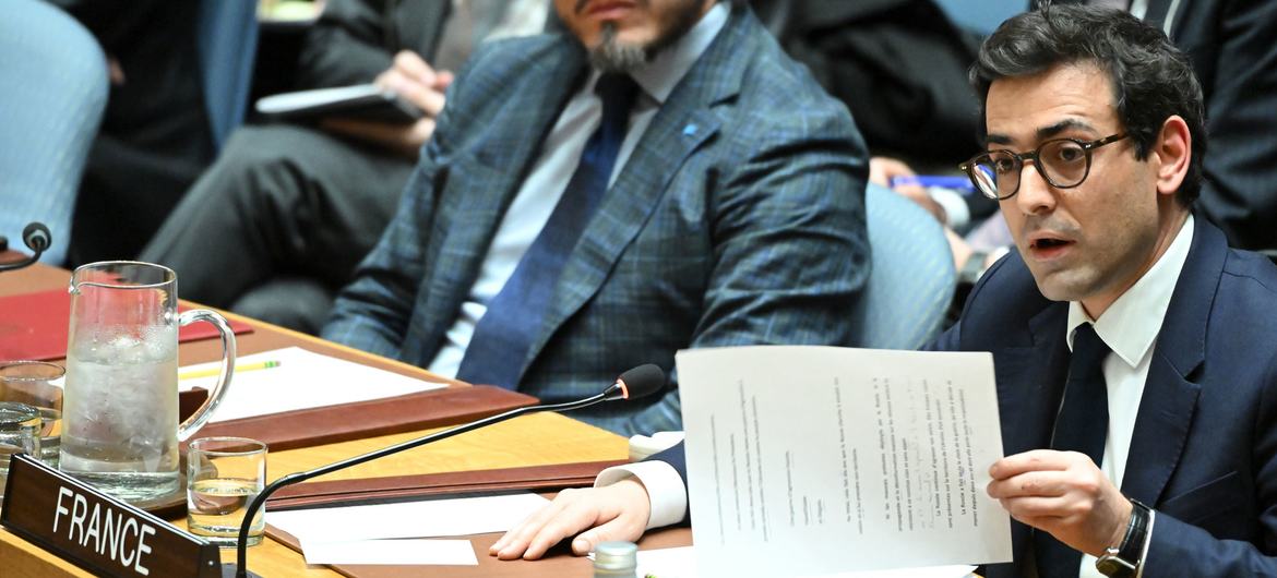 Foreign Minister Stéphane Séjourné of France addresses the Security Council meeting on the maintenance of peace and security in Ukraine.