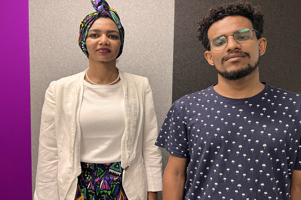 Hanin Ahmed (left) and Muhammad Al-Ebaid work in emergency response rooms in Sudan.