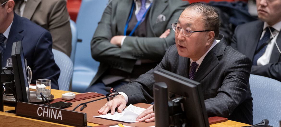 Ambassador Zhang Jun of China addresses the Security Council meeting on the situation in the Middle East, including the Palestinian question.