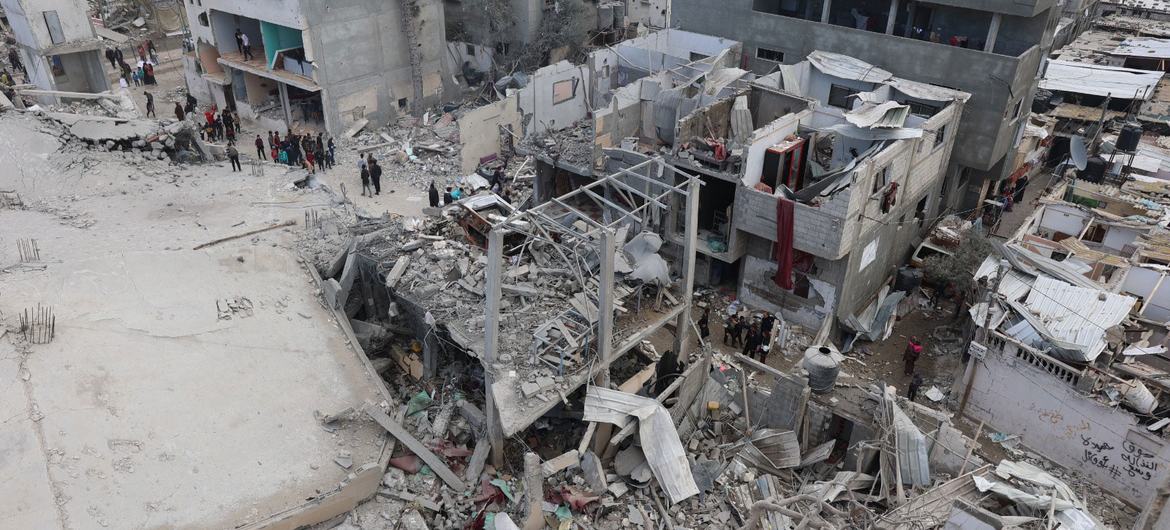 A residential block lies in ruins in the Al-Shaboura neighborhood of Rafah city in the south of the Gaza Strip.