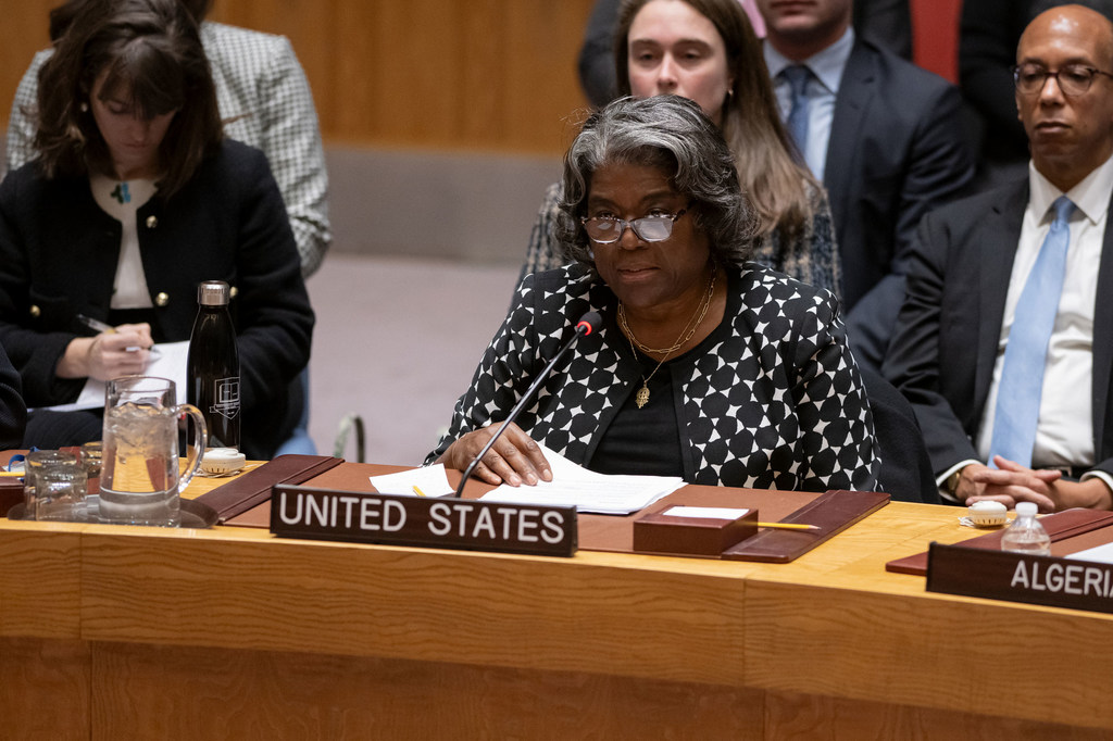 Ambassador Linda Thomas-Greenfield of the United States addresses the Security Council meeting on the situation in the Middle East, including the Palestinian question.