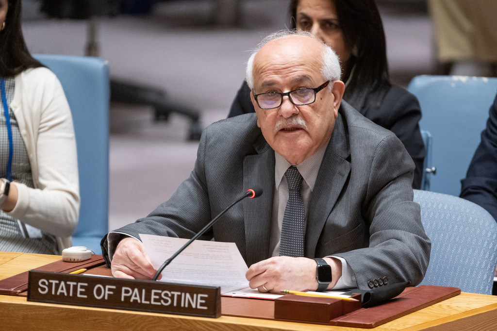 Riyad Mansour, Permanent Observer of the State of Palestine to the United Nations, addresses the Security Council meeting on the situation in the Middle East, including the Palestinian question.