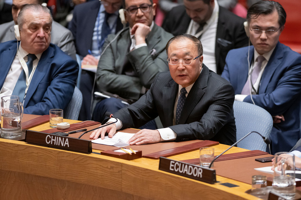 Ambassador Zhang Jun of China addresses the Security Council meeting on the situation in the Middle East, including the Palestinian question.