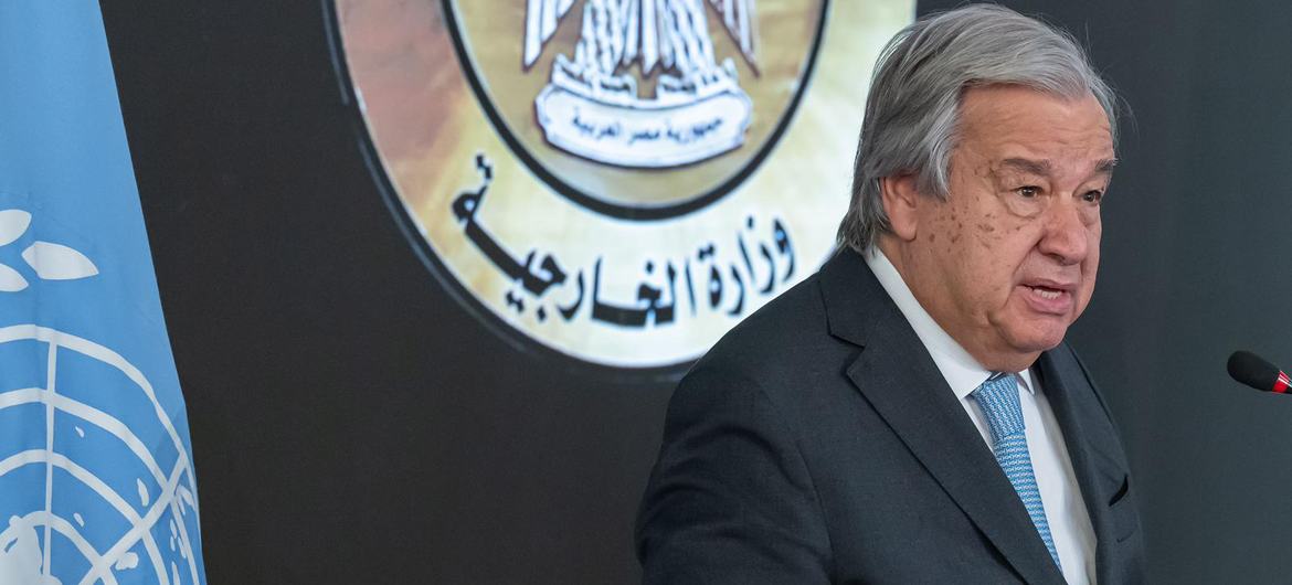 UN Secretary-General António Guterres addresses the media in Cairo.