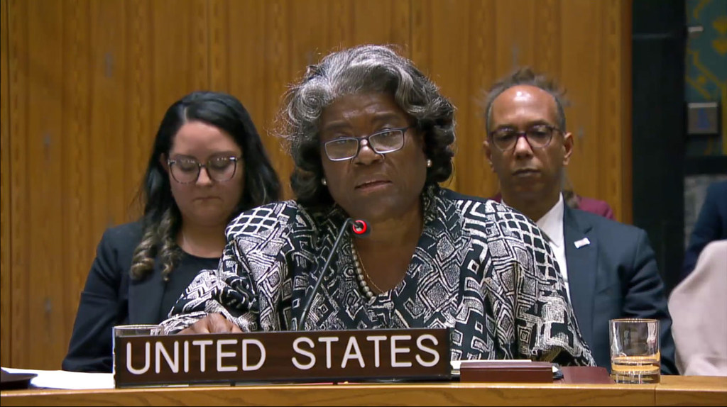 Ambassador Linda Thomas-Greenfield of the United States addresses the Security Council meeting on the situation in the Middle East, including the Palestinian question.