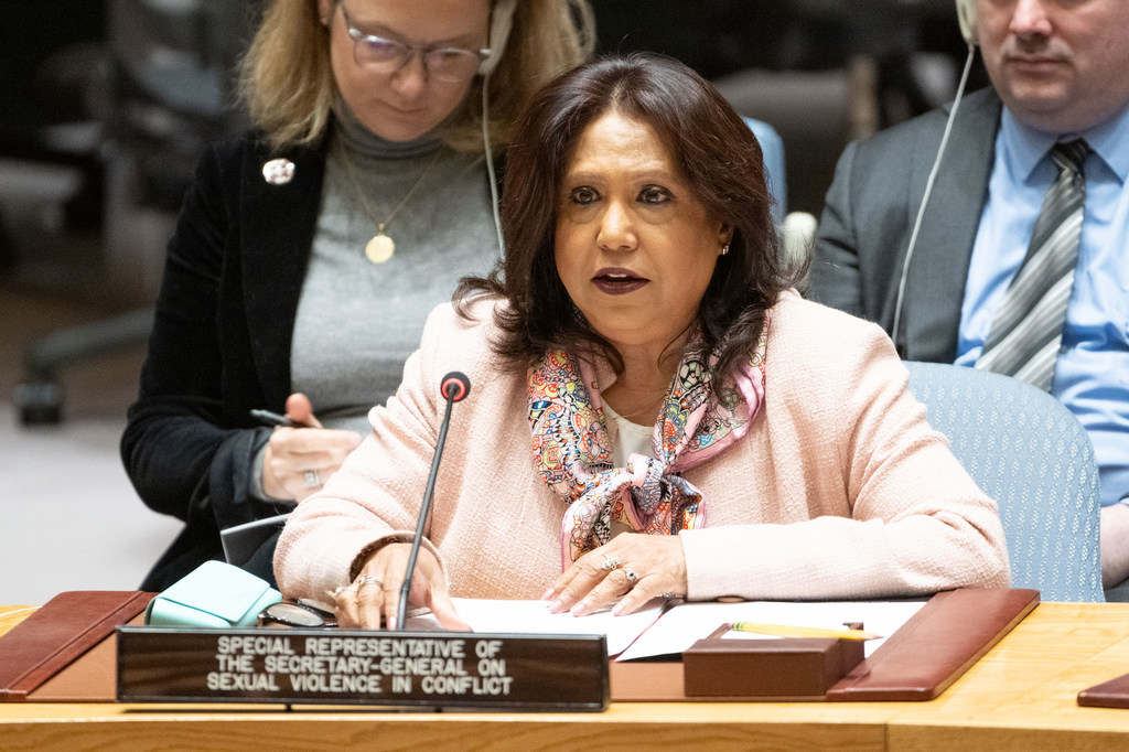 Pramila Patten, Special Representative of the Secretary-General on Sexual Violence in Conflict, briefs UN Security Council members on the situation in the Middle East, including the Palestinian question.