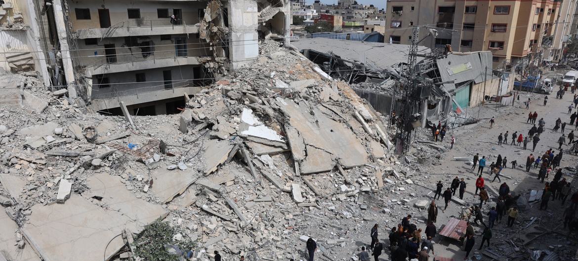 A residential block in the Al-Shaboura neighbourhood in the city of Rafah, lies in ruins.