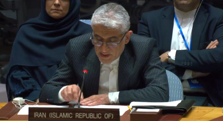 Iran’s ambassador to the United Nations, Amir Saeed Iravani, addresses the Security Council meeting on his country's attacks on Israel.