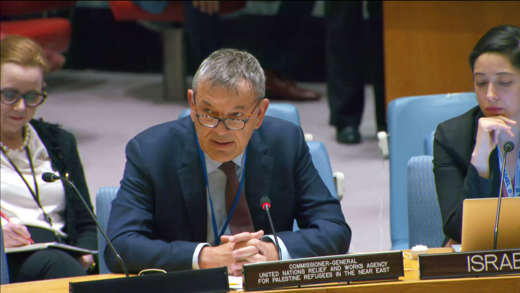 UNRWA Commissioner-General Philippe Lazzarini addresses the UN Security Council meeting on the situation in the Middle East, including the Palestinian question.