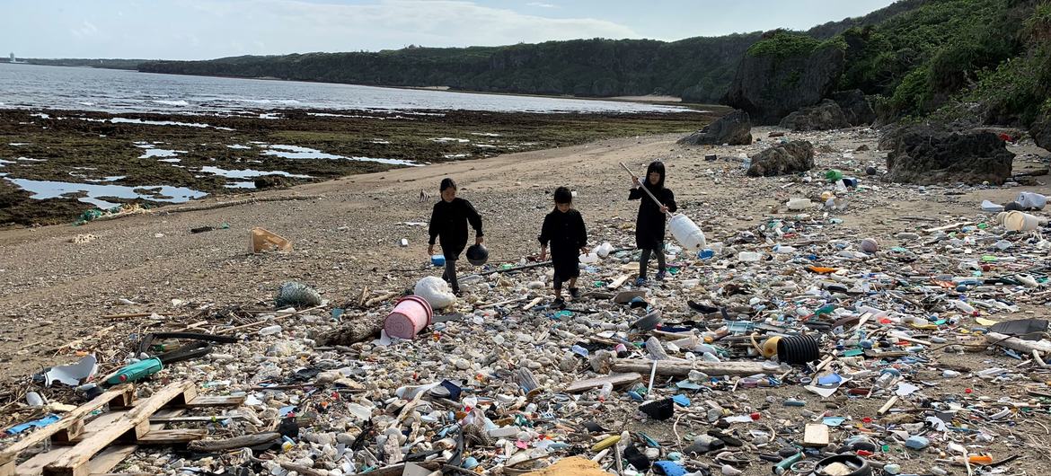 Residents of  Okinoerabu Island collect rubbish on a beach.