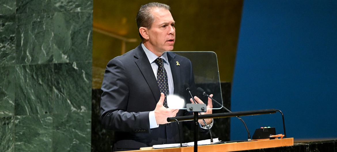 Ambassador Gilad Erdan of Israel addresses the UN General Assembly plenary meeting on the use of the veto on the situation in the Middle East, including the Palestinian question.