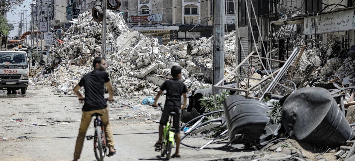 A tower block lies in ruins in Gaza City following an Israeli air strike in May 2021. (file)