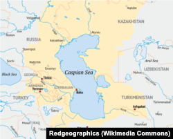 The yellow area indicates the approximate drainage area around the Caspian Sea.