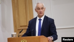 Andrei Belousov attends a hearing held by the defense and security committee of the parliament's upper house Federation Council, in Moscow, Russia, May 13, 2024. (Russian Federation Council/Handout via Reuters)