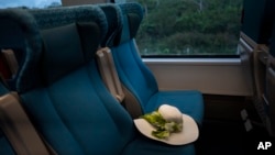 A hat sits on a Maya Train passenger seat en route to Valladolid, Mexico, Wednesday, March 6, 2024.