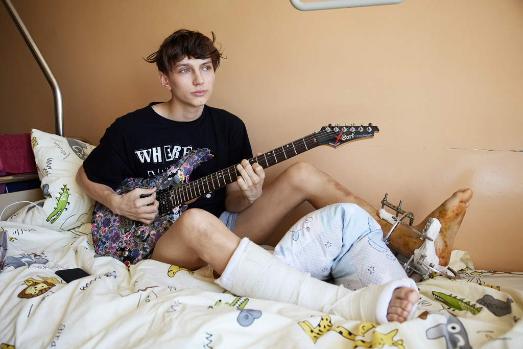 File photo of a teenage boy who was treated at a hospital in Lviv, Ukraine, after being injured when the car he was travelling in ran over a landmine.