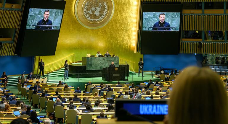 Russia can’t win on the battlefield, so it’s finding other ways to torment Ukrainian civilians, Zelenskyy tells UN