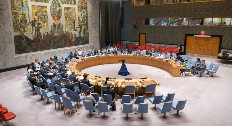 A wide view of the UN Security Council Chamber as members meet on the threats to international peace and security.