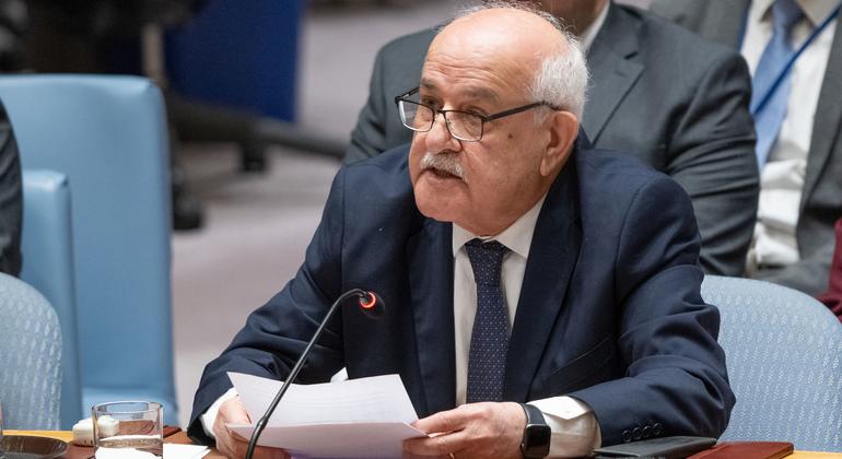 Riyad Mansour, Permanent Observer of the State of Palestine to the United Nations, addresses the Security Council meeting on the situation in the Middle East, including the Palestinian question.