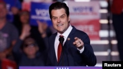 FILE - Republican U.S. Representative Matt Gaetz speaks at Trump campaign rally in Henderson, Nevada, Oct. 31, 2024.