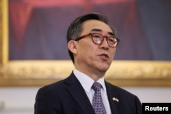 South Korean Foreign Minister Cho Tae-yul talks about his meeting with U.S. Secretary of State Antony Blinken, Defense Secretary Lloyd Austin and Defense Minister Kim Yong-hyun, at the State Department in Washington, Oct. 31, 2024.