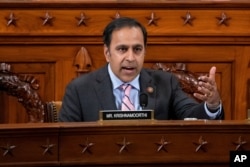 FILE - U.S. Representative Raja Krishnamoorthi questions a witness during a House Intelligence Committee hearing on Capitol Hill in Washington, Nov. 20, 2019.